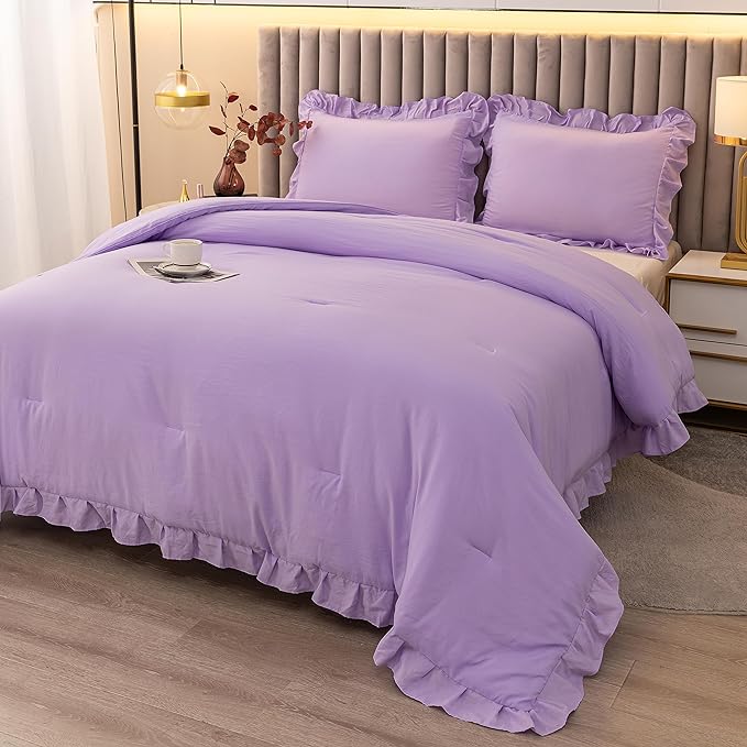 Andency Lavender Twin Size Comforter(66x90Inch), 2 Pieces(1 Ruffle Comforter and 1 Pillowcase) Solid Farmhouse Shabby Chic Comforter, Lighteweight and Soft Microfiber Bedding Set - LeafyLoom