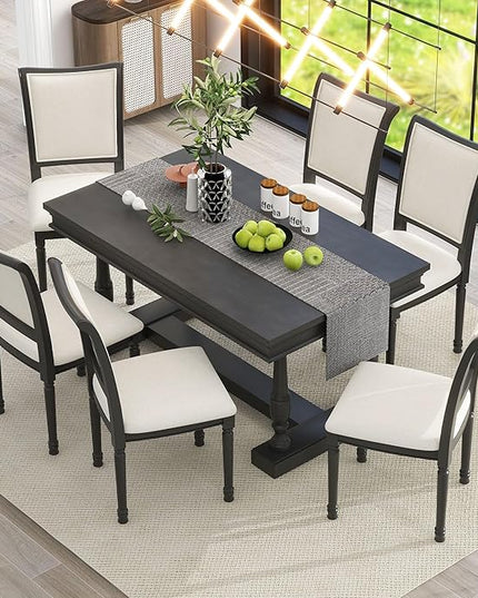 59.4 Inch Dining Table Set for 6, 7-Piece Dining Table with 4 Trestle Base and 6 Upholstered Chairs with Slightly Curve and Ergonomic Seat Back, Black - LeafyLoom