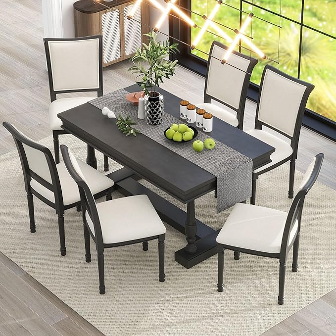 59.4 Inch Dining Table Set for 6, 7-Piece Dining Table with 4 Trestle Base and 6 Upholstered Chairs with Slightly Curve and Ergonomic Seat Back, Black - LeafyLoom
