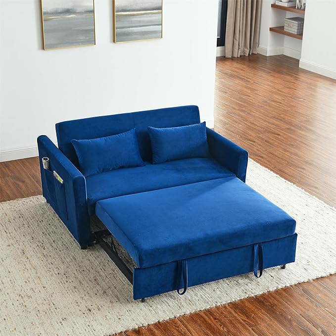 Sleeper Couch Pull-Out Sofa Bed 3-in-1 Versatile Multi-Functional Velvet, Convertible 54'' Loveseat Chaise Lounge with Adjustable Backrest Lumbar Pillows,for Living Room Side Pockets,Small Space - LeafyLoom