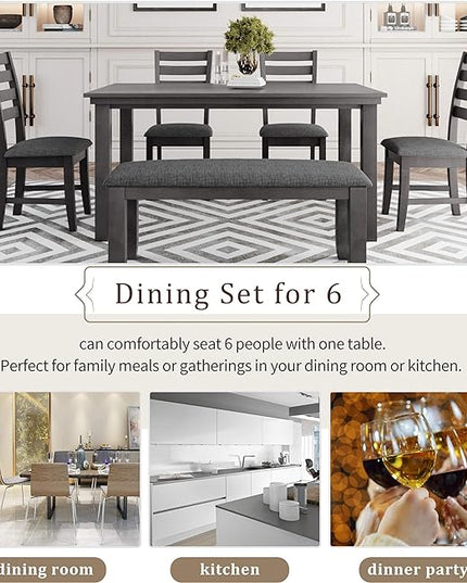 Dining Table Set for 6, Kitchen Table Chairs Set of 6 with Backrest, Rustic Wood Dining Room Table Set for Living Room and Kitchen, Dark Grey - LeafyLoom