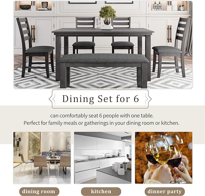 Dining Table Set for 6, Kitchen Table Chairs Set of 6 with Backrest, Rustic Wood Dining Room Table Set for Living Room and Kitchen, Dark Grey - LeafyLoom