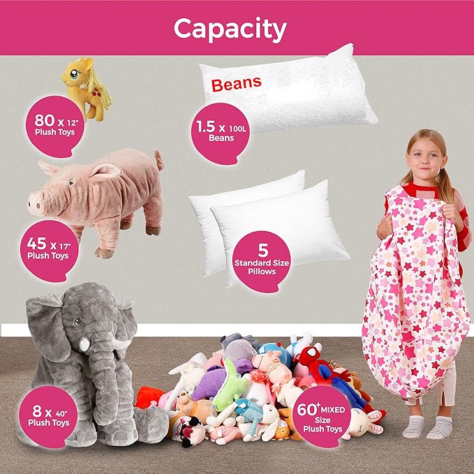 Aubliss Stuffed Animal Bean Bag Storage Chair (Pink Star, Medium (32'')) - LeafyLoom