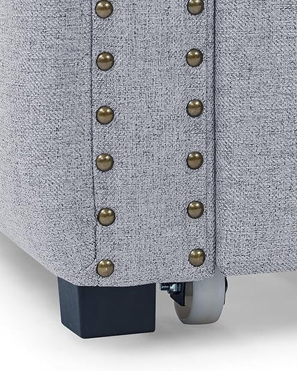 Upholstered Twin Size Daybed with Trundle,Solid Wooden Sofa Bed Frame W/Button Tufted & Copper Nail on Square Arms,No Spring Box Need,Bedframe for Living Room Bedroom Dorm,Grey Linen - LeafyLoom