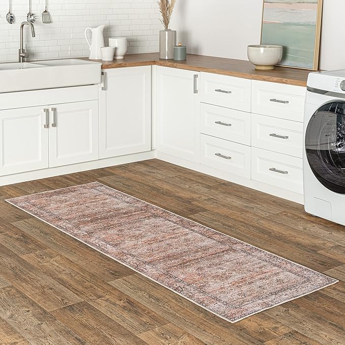 nuLOOM Gwyn Distressed Machine Washable Ultra Thin Runner Rug, 2' 6" x 10', Beige - LeafyLoom