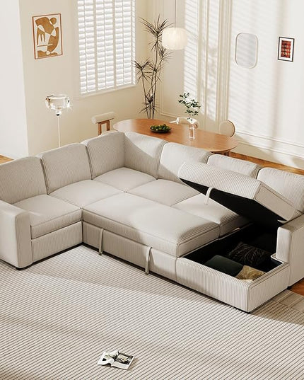 6 Seater U Shaped Oversized Reversible Sleeper Sectional Sofa Pull Out Couch Bed with Right Hand Facing Chaise and USB Ports , Corduroy Upholstered Convertible Corner Sofabed Sofacama for Living Room - LeafyLoom