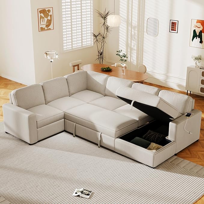 6 Seater U Shaped Oversized Reversible Sleeper Sectional Sofa Pull Out Couch Bed with Right Hand Facing Chaise and USB Ports , Corduroy Upholstered Convertible Corner Sofabed Sofacama for Living Room - LeafyLoom