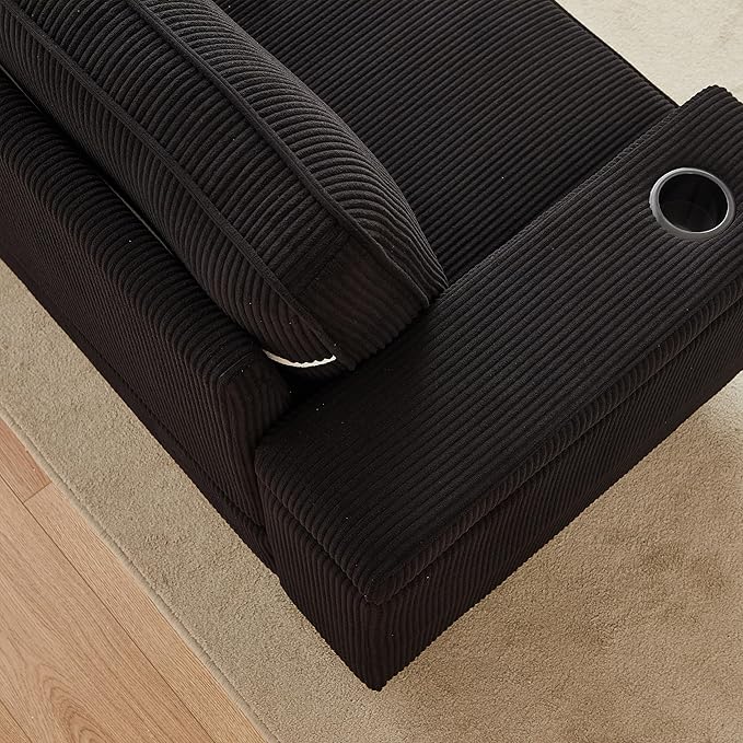 Modern Living Room Upholstered 3 Seater Sofa Couch Deep Seat Soft Corduroy Sofa&Couch with Storage Armrests, 2 Cupholders, Type-C and USB Charging Ports for Home, Apartment, Office - LeafyLoom