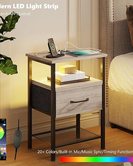Night Stand Set 2, End Table with Charging Station, LED Bedside Table with Fabric Drawer for Bedroom, 3-Tier Side Table with Open Shelf, Greige - LeafyLoom