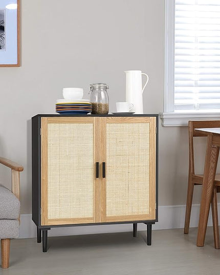 Finnhomy Sideboard Buffet Cabinet, Kitchen Storage Cabinet with Rattan Decorated Doors, Accent Liquor Cabinet for Bar, Dining Room, Hallway, Cupboard Console Table, 31.5X 15.8X 34.6 Inches - LeafyLoom