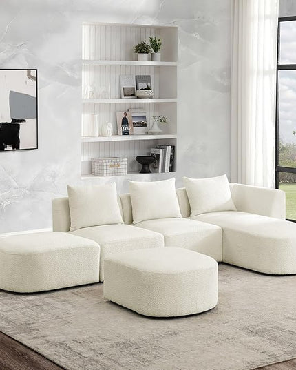 113" L-Shape Sectional Side Chaise and Ottoman, Modular Sofa, DIY Combination, Loop Yarn Fabric for Living Room, Apartment, 113inch, Beige Right - LeafyLoom