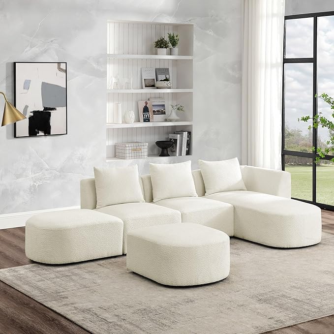 113" L-Shape Sectional Side Chaise and Ottoman, Modular Sofa, DIY Combination, Loop Yarn Fabric for Living Room, Apartment, 113inch, Beige Right - LeafyLoom