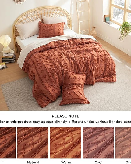 Bedsure Tufted Boho Comforter Set King - Terracotta Boho Bedding Comforter Set, 3 Pieces Farmhouse Shabby Chic Embroidery Bed Set, Soft Jacquard Comforter for Women Men Girls - LeafyLoom