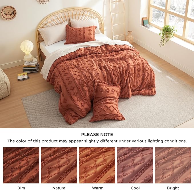 Bedsure Tufted Boho Comforter Set California King - Terracotta Boho Bedding Comforter Set, 3 Pieces Farmhouse Shabby Chic Embroidery Bed Set, Soft Jacquard Comforter for All Seasons - LeafyLoom