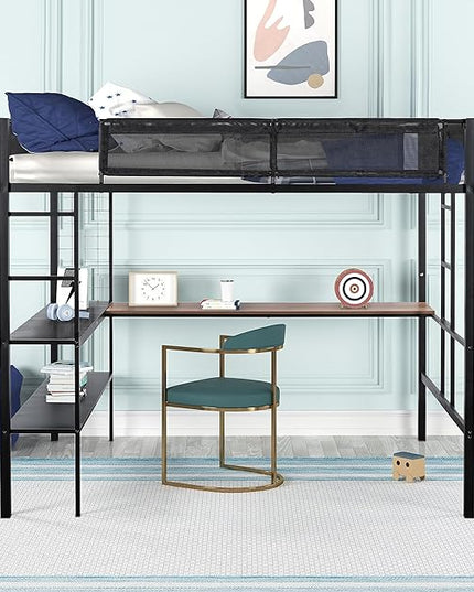 Metal Full Size Loft Bed with Desk & Shelves,Sturdy-Metal Bed-Frame,Noise-free Wood Slats,Comfortable Textilene Guardrail,Built-in Desk, 2-tier-Shelves & Grid Panel,2 Side Ladders,Black - LeafyLoom