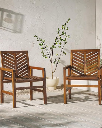 Walker Edison 2 Piece Outdoor Patio Chevron Wood Chair Set All Weather Backyard Conversation Garden Poolside Balcony, Set of 2, Dark Brown - LeafyLoom