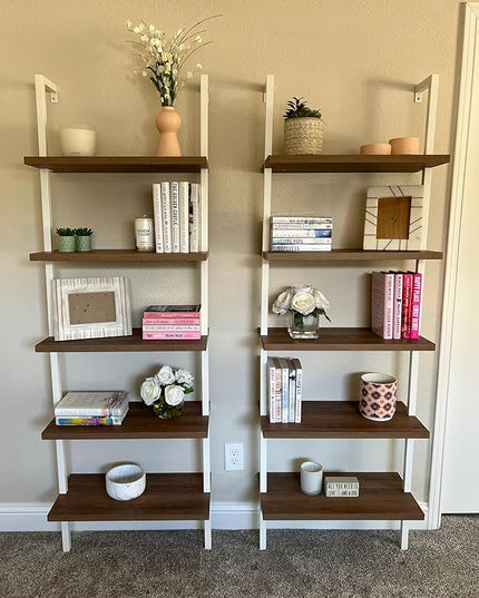 Nathan James Theo 5-Shelf Wood Modern Bookcase, Open Wall Mount Ladder Bookshelf with Industrial Metal Frame, Light Brown Oak/White - LeafyLoom