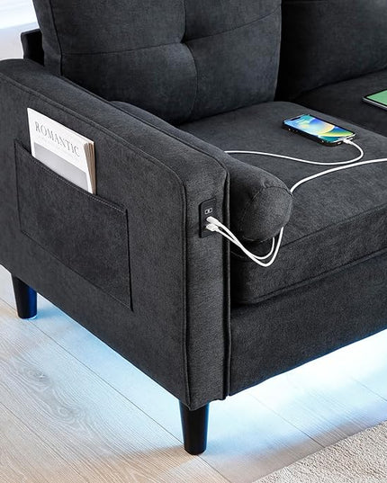 3 Seater L Shaped Convertible Sectional Sofa Couch with Reversible Chaise , Linen Upholstered Corner Sleeper Lounge Sofá with 2 USB Ports and LED Lights ,Storage for Small Space Living Room Apartment - LeafyLoom