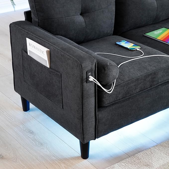 3 Seater L Shaped Convertible Sectional Sofa Couch with Reversible Chaise , Linen Upholstered Corner Sleeper Lounge Sofá with 2 USB Ports and LED Lights ,Storage for Small Space Living Room Apartment - LeafyLoom