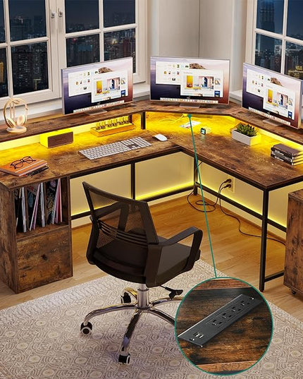YITAHOME L Shaped Desk with Power Outlets & LED Lights, 67" Computer Desk with File Drawer, Corner Desk Home Office Desk with Monitor Stand & 3 Cubbies Storage Shelves, Rustic Brown - LeafyLoom