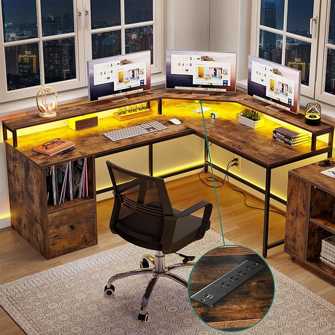 YITAHOME L Shaped Desk with Power Outlets & LED Lights, 67" Computer Desk with File Drawer, Corner Desk Home Office Desk with Monitor Stand & 3 Cubbies Storage Shelves, Rustic Brown - LeafyLoom