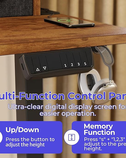 JOISCOPE 55 Inch Electric Standing Adjustable Height Desk with Double Drawer, Home Office Computer Gaming Desk with Storage Shelf and Power Outlets, Sit Stand Desk, Vintage Oak - LeafyLoom