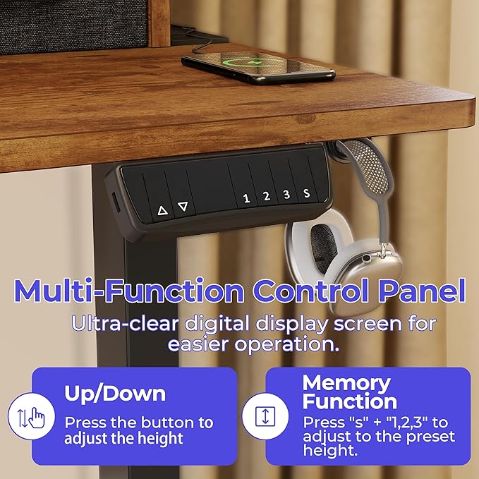 JOISCOPE 55 Inch Electric Standing Adjustable Height Desk with Double Drawer, Home Office Computer Gaming Desk with Storage Shelf and Power Outlets, Sit Stand Desk, Vintage Oak - LeafyLoom