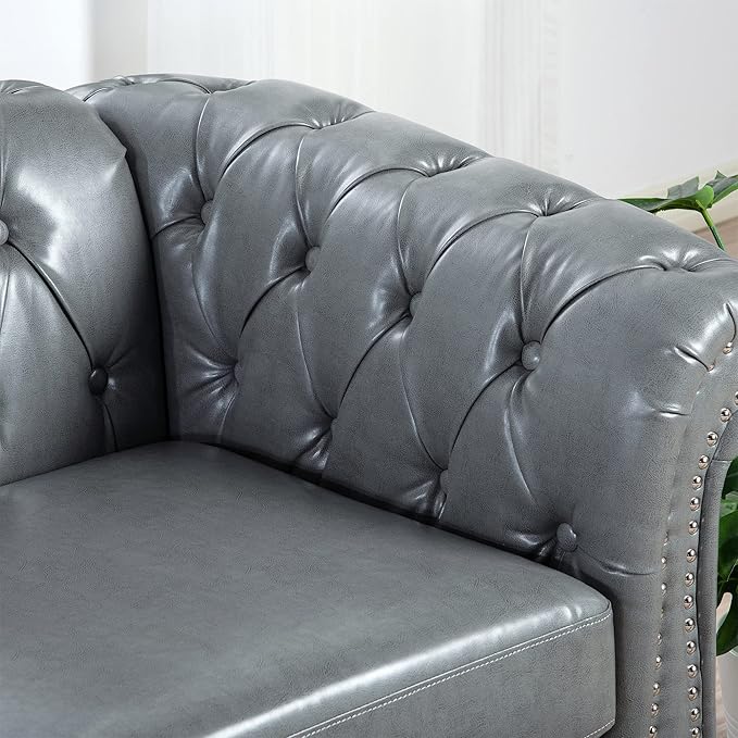 3-Seaters Living Room Clasic Chesterfield Sofa Couch Button Tufted PU Leather Upholstered Sofa&Couch with Luxury Roller Armrest Soild Wood Legs Movable Cushions & Nailhead Decor - LeafyLoom