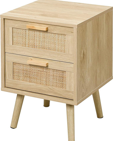 Finnhomy Nightstand, End Table, Side Table with 2 Hand Made Rattan Decorated Drawers, Wood Accent Table with Storage for Bedroom, Natural (Patented) - LeafyLoom