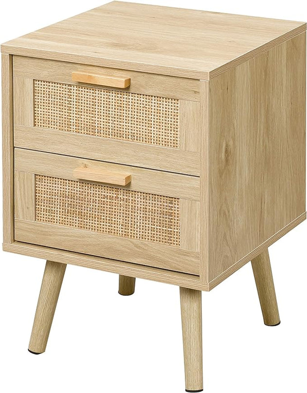 Finnhomy Nightstand, End Table, Side Table with 2 Hand Made Rattan Decorated Drawers, Wood Accent Table with Storage for Bedroom, Natural (Patented) - LeafyLoom