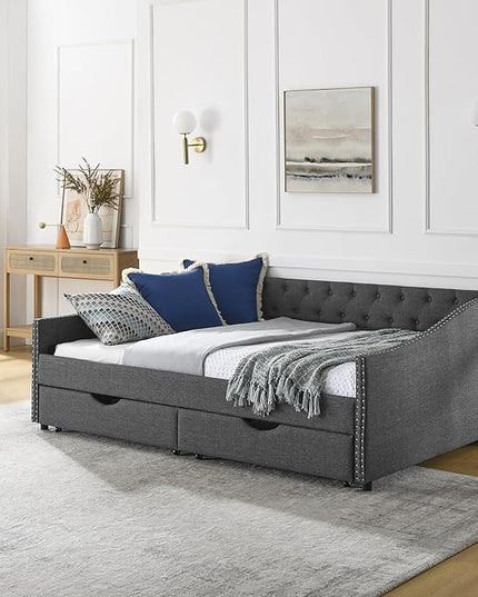 Full Size Mid-Century Daybed, 2 Storage Drawers,Linen Button Upholstered Tufted Bed, Copper Nail on Waved Shape Arms, No Box Spring Needed,for Bedroom, Livingroom - LeafyLoom