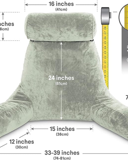Husband Pillow XXL Desert Sage Backrest with Arms - Adult Reading Pillow Shredded Memory Foam, Ultra-Comfy Removable Microplush Cover & Detachable Neck Roll, Unmatched Support Bed Rest Sit Up Pillow - LeafyLoom