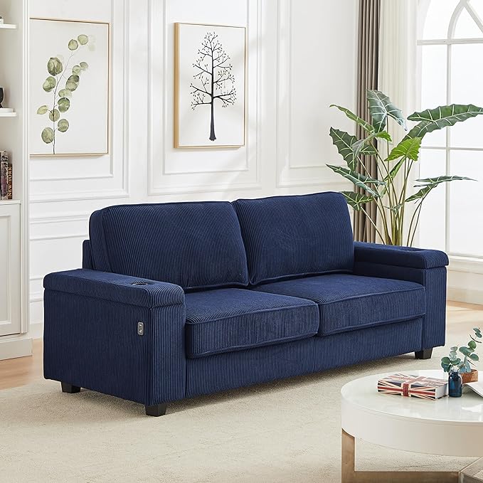 Modern Living Room Upholstered 3 Seater Sofa Couch Deep Seat Soft Corduroy Sofa&Couch with Storage Armrests, 2 Cupholders, Type-C and USB Charging Ports for Home, Apartment, Office - LeafyLoom