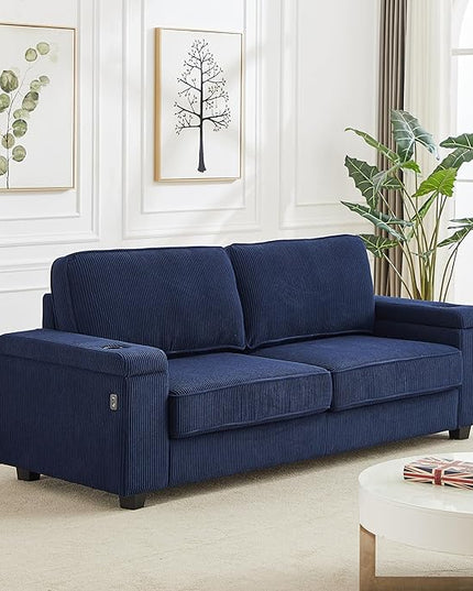 Modern Living Room Upholstered 3 Seater Sofa Couch Deep Seat Soft Corduroy Sofa&Couch with Storage Armrests, 2 Cupholders, Type-C and USB Charging Ports for Home, Apartment, Office - LeafyLoom
