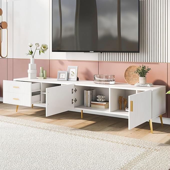 71 Inch TV Stand, Modern Television Stands with Drawers, Cabinets and Open Shelf, Entertainment Center with 5 Champagne Legs for Living Room and Bedroom, White+Gold - LeafyLoom