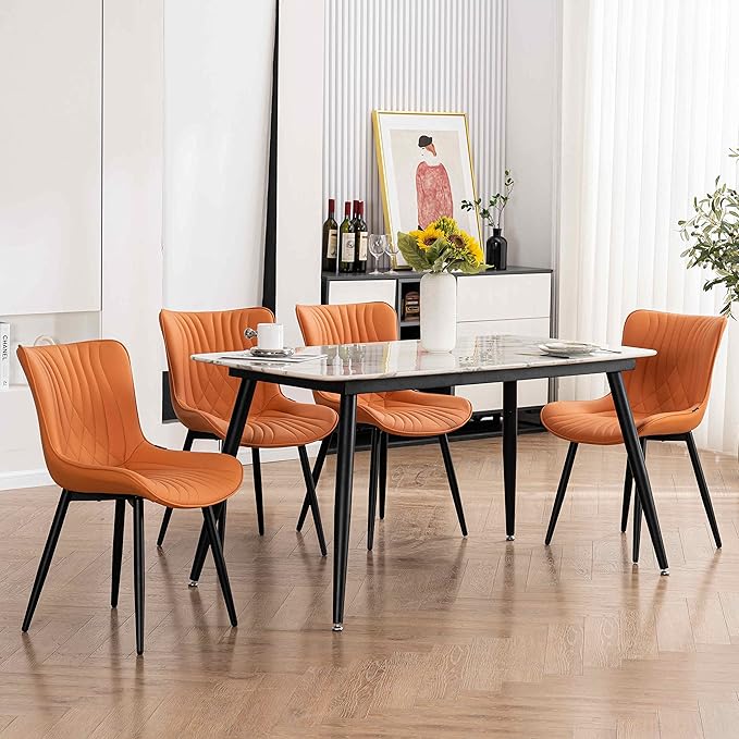 YOUTASTE Camel Dining Chairs Set of 2 Upholstered Mid Century Modern Kitchen Dining Room Chairs Armless Faux Leather Accent Chairs Metal Vanity Lounge Chair with Back for Living Room Bedrooms - LeafyLoom