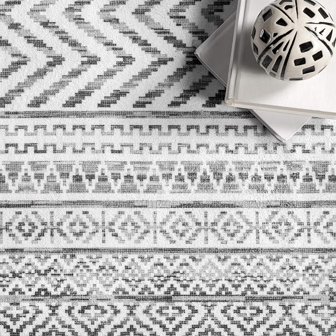 nuLOOM Kira Machine Washable Tribal Geometric Ultra Thin Area Rug, 9' x 12', Grey - LeafyLoom