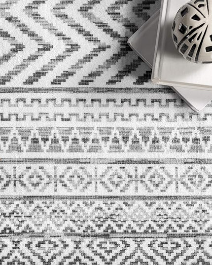 nuLOOM Kira Machine Washable Tribal Geometric Ultra Thin Runner Rug, 2' 6" x 12', Grey - LeafyLoom