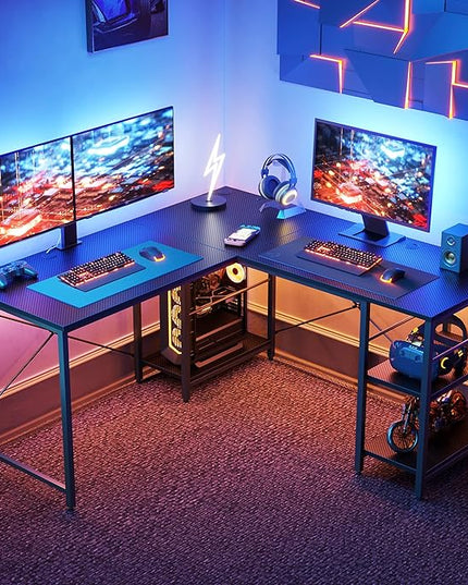 Bestier L Shaped Gaming Desk with Shelves 95.2 Inch Reversible Corner Computer Desk or 2 Person Long Table for Home Office Large Writing Storage Workstation P2 Board with 3 Cable Holes, Carbon Fiber - LeafyLoom