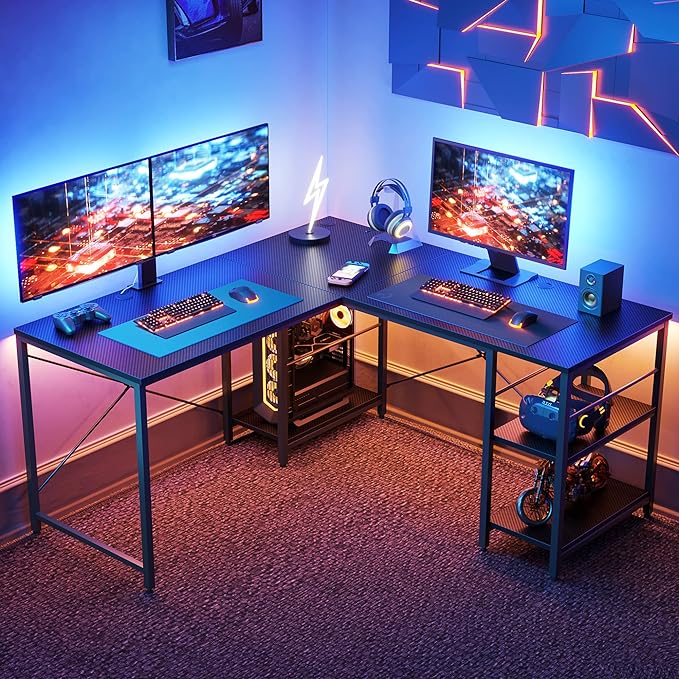 Bestier L Shaped Gaming Desk with Shelves 95.2 Inch Reversible Corner Computer Desk or 2 Person Long Table for Home Office Large Writing Storage Workstation P2 Board with 3 Cable Holes, Carbon Fiber - LeafyLoom