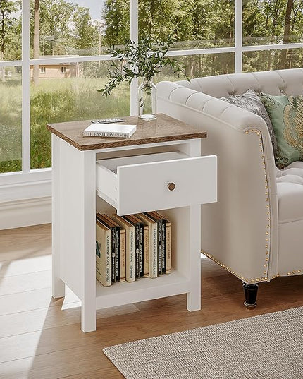 ChooChoo Farmhouse Nightstand Set of 2,Night Stand with Charging Station, Wooden Top Bedside End Table with Drawer and Storage Space for Bedroom, White - LeafyLoom