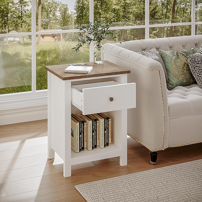 ChooChoo Farmhouse Nightstand Set of 2,Night Stand with Charging Station, Wooden Top Bedside End Table with Drawer and Storage Space for Bedroom, White - LeafyLoom