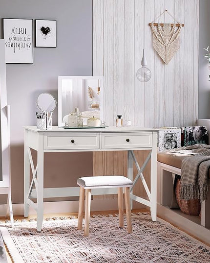 White Computer Desk with 2 Drawers, Modern Makeup Vanity Desk with Storage, Writing Desk for Home Office, 42'' Long Study Simple White Desk for Bedroom Console Table Living Room - LeafyLoom