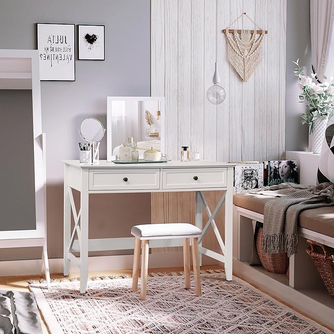 White Computer Desk with 2 Drawers, Modern Makeup Vanity Desk with Storage, Writing Desk for Home Office, 42'' Long Study Simple White Desk for Bedroom Console Table Living Room - LeafyLoom