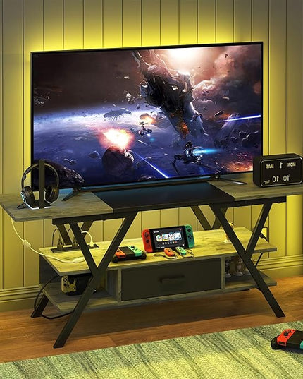 Yusong 65 inch LED TV Stand, Entertainment Center Gaming TV Table with Outlets, Up to 65" Media Console for Living Room, 29+DIY Dynamic RGB Modes, Greige and Black - LeafyLoom