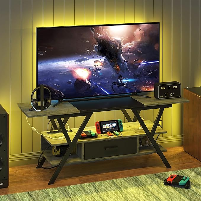 Yusong 65 inch LED TV Stand, Entertainment Center Gaming TV Table with Outlets, Up to 65" Media Console for Living Room, 29+DIY Dynamic RGB Modes, Greige and Black - LeafyLoom