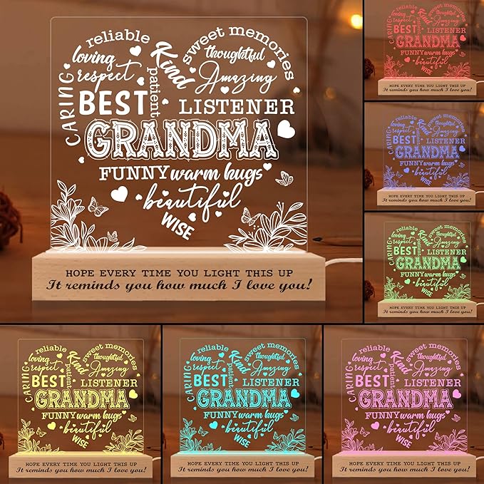 Grandma Gifts from Grandkids, Grandma Night Light, to My Grandma Lamp, Mothers Day Birthday Christmas Gifts for Grandma, Grandmother, Lamp with Wooden Base for Women, Gifts Bedroom Décor - LeafyLoom