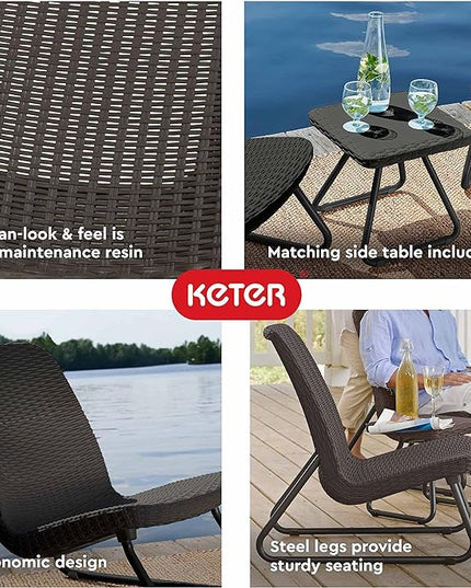 Keter Rio 3 Piece Resin Wicker Patio Furniture Set with Side Table and Outdoor Chairs, Dark Grey - LeafyLoom