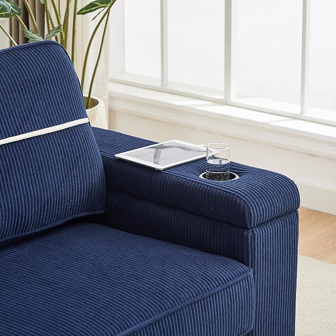 Modern Living Room Upholstered 3 Seater Sofa Couch Deep Seat Soft Corduroy Sofa&Couch with Storage Armrests, 2 Cupholders, Type-C and USB Charging Ports for Home, Apartment, Office - LeafyLoom