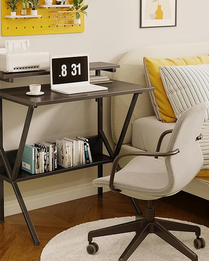 COTUBLR Small Desk, 27.5 Inch Small Computer Desk for Small Spaces, Computer Desk with Adjustable Monitor Stand, Compact Desk with Storage, Tiny Desk Study Desk for Bedroom Home Office, Black - LeafyLoom